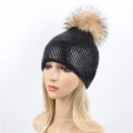 Gold Silver Purple Metallic Acrylic Skullies Girls Real Raccoon Fur POM POM Knitted Cap Hat Beanie (HW138)